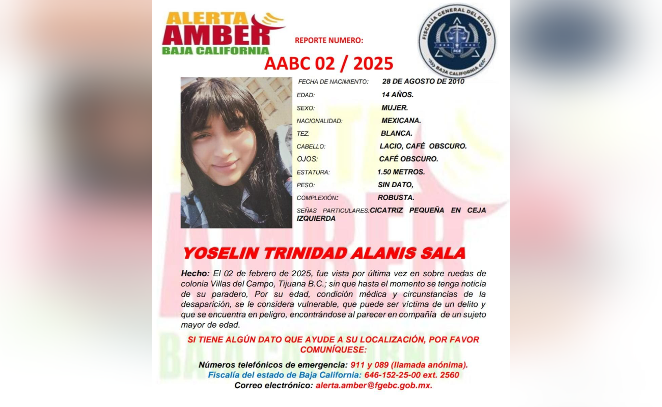 Activan Alerta Amber en BC para localizar a Yoselin de 14 años