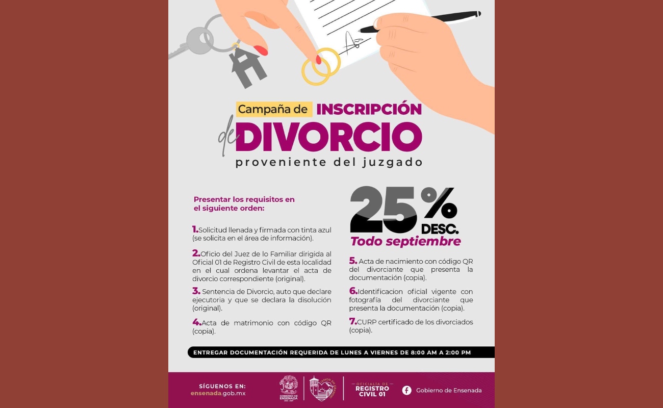 Invitan a aprovechar el 25% de descuento en el registro de sentencia de divorcio