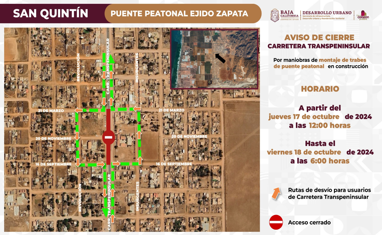 Anuncia SIDURT cierre de carretera Transpeninsular por montaje de trabes en puente peatonal de San Quintín