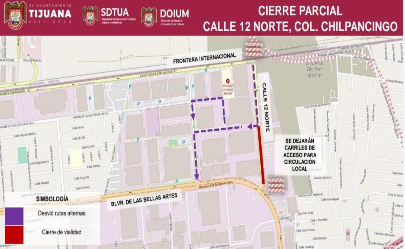 Anuncian cierre parcial de la Calle 12 Norte en Otay Centenario