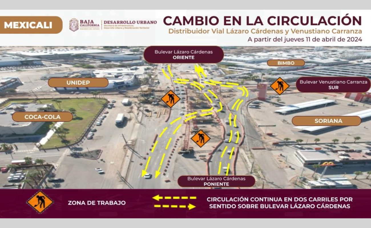 Anuncia SIDURT circulación en obra del distribuidor vial Lázaro Cárdenas y Venustiano Carranza