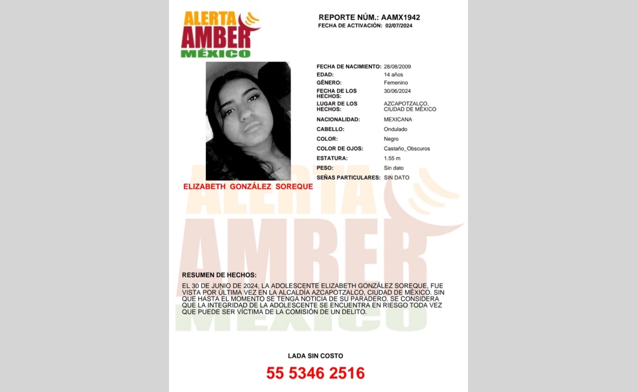 Activa Alerta Amber para localizar a Elizabeth, tiene 14 años