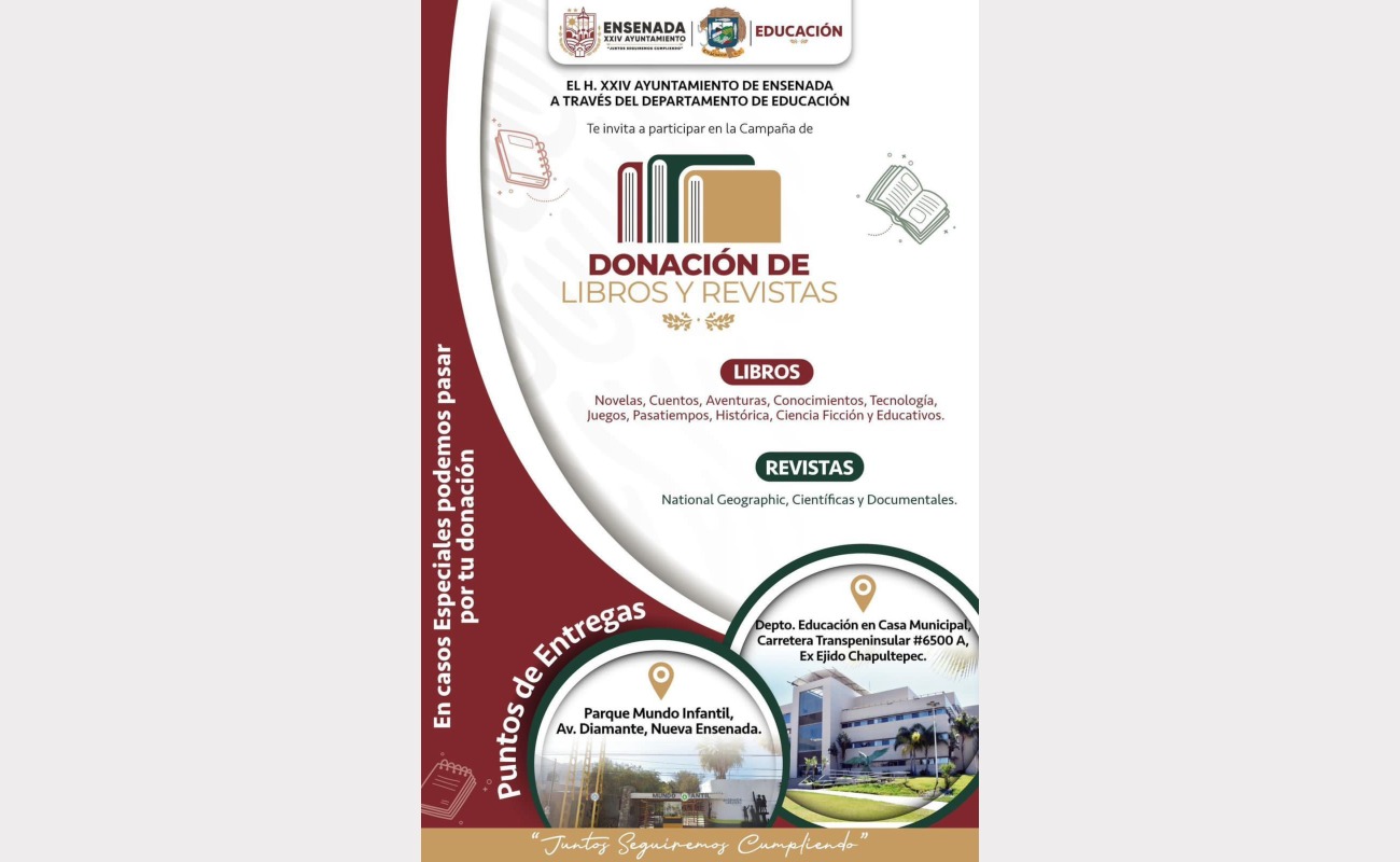 Invita Gobierno de Ensenada a participar en la campaña de Donación de Libros y Revistas