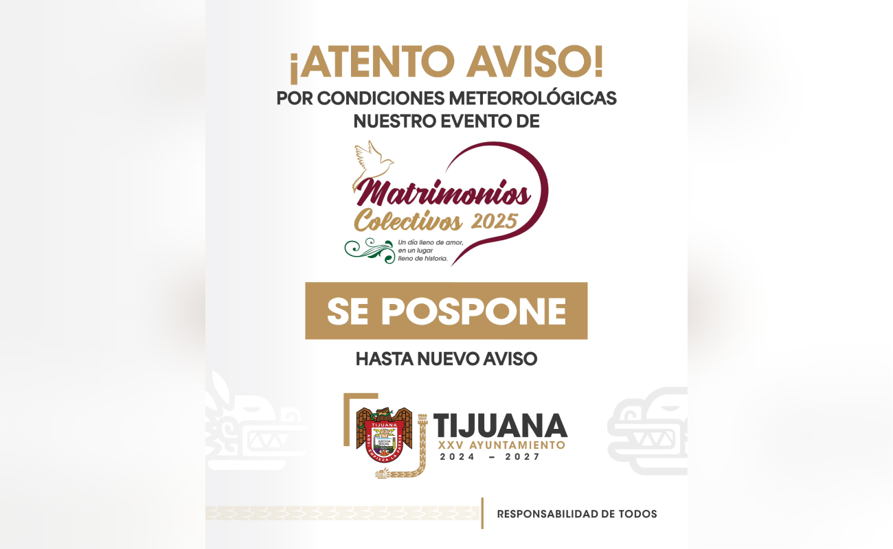 Suspende XXV Ayuntamiento de Tijuana Matrimonios Colectivos hasta nuevo aviso