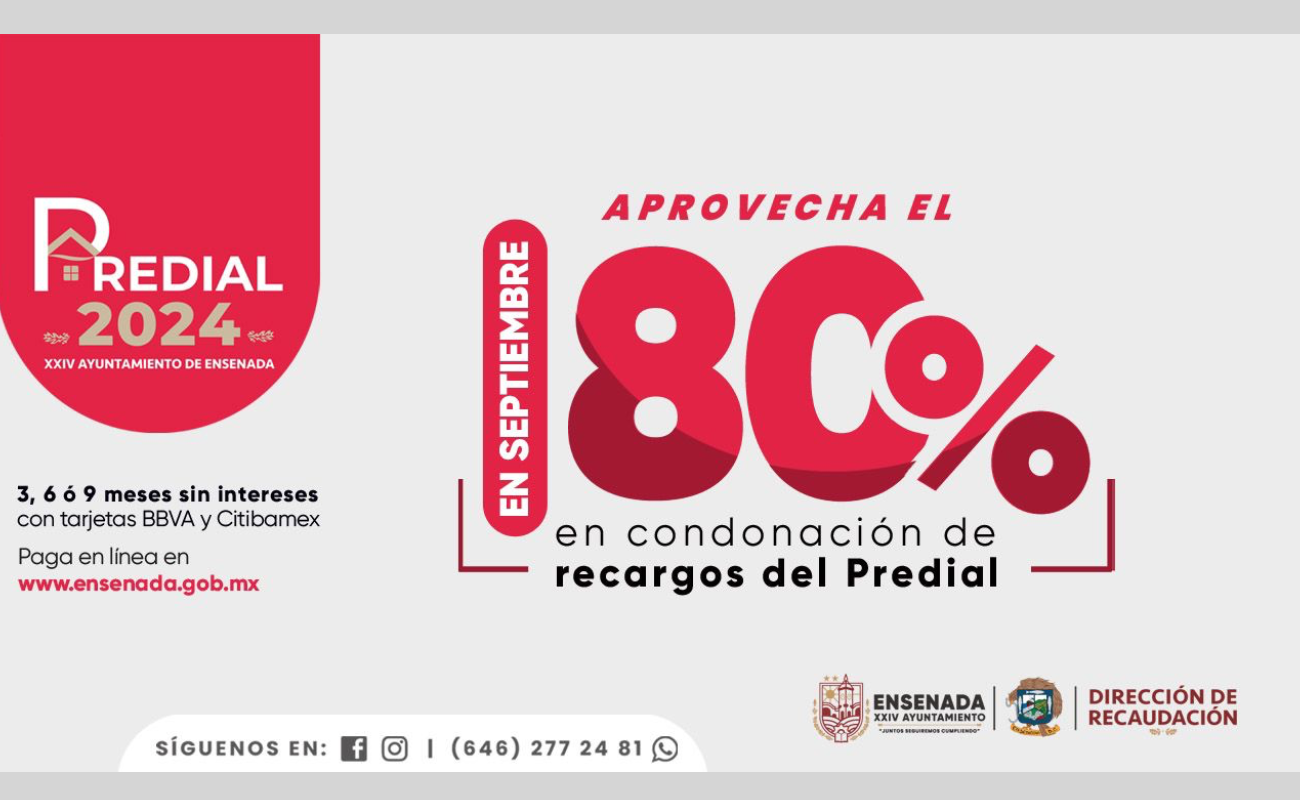 Descuento de recargos de predial es de 80%