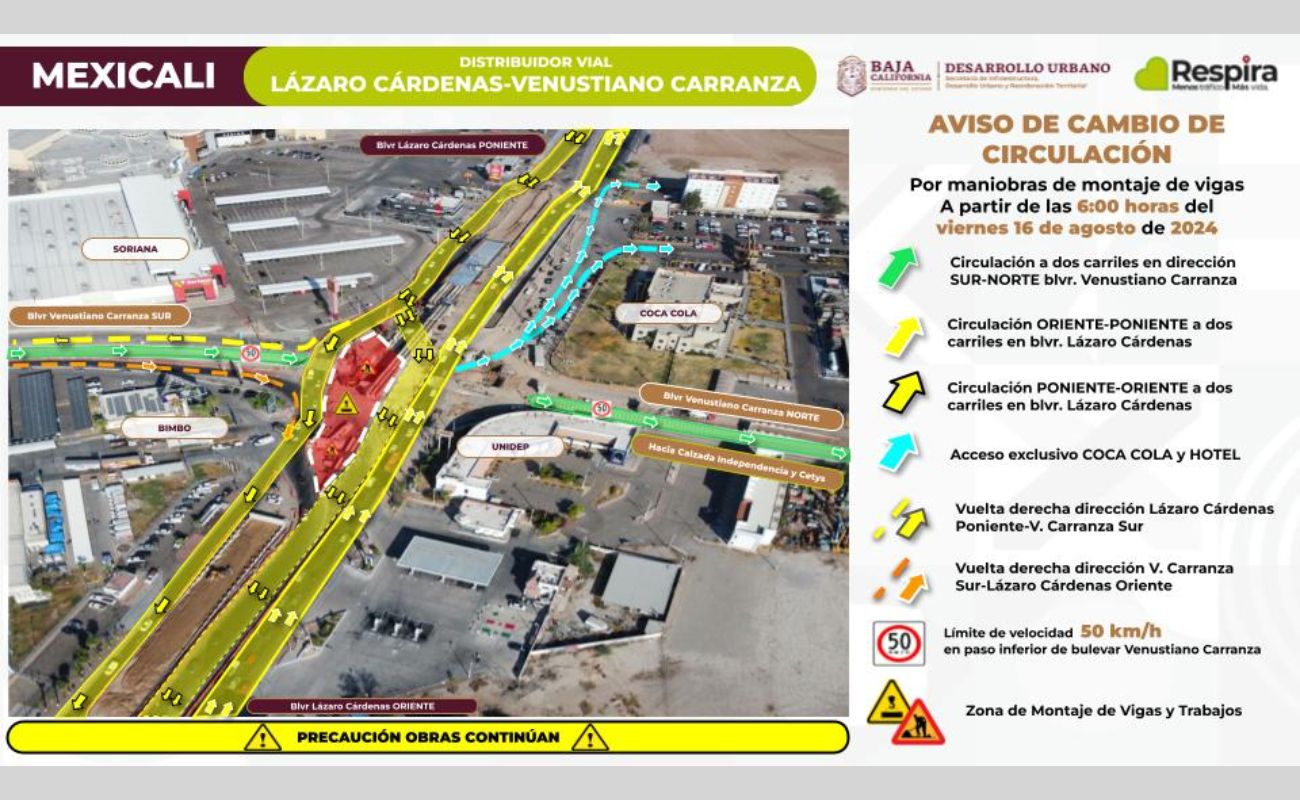 Anuncia SIDURT continuación de montaje de trabes de acero y cambio de circulación en distribuidor vial Lázaro Cárdenas y Venustiano Carranza en Mexicali