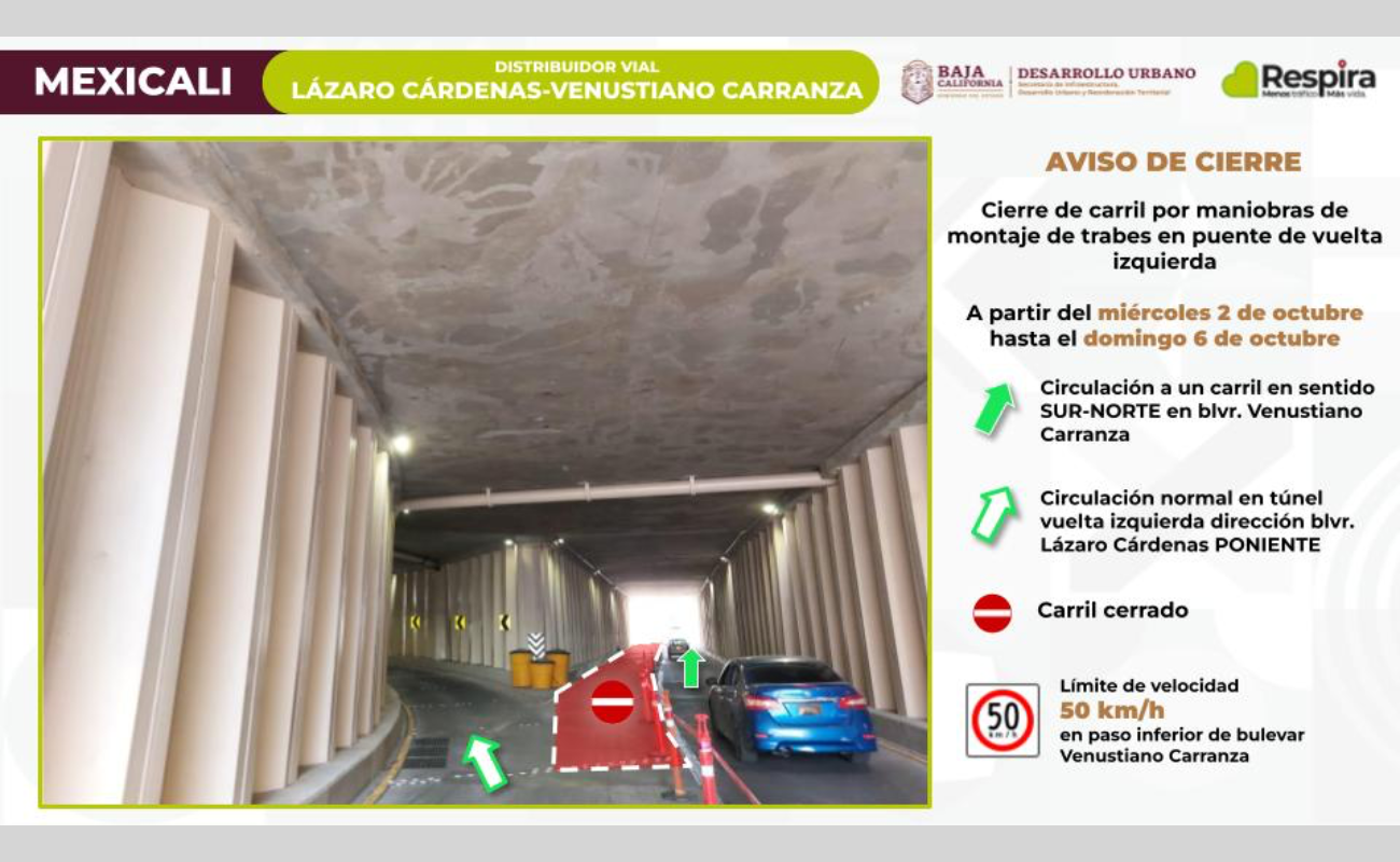 Anuncian cierre de carril por obras del Distribuidor Vial Lázaro Cárdenas y V. Carranza