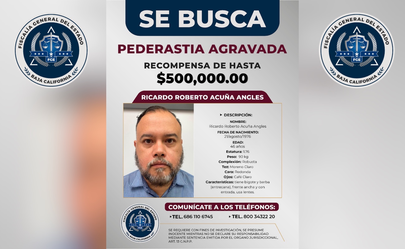 Ofrecen 500 mil pesos por información para ubicar a sujeto investigado por pederastia en Ensenada