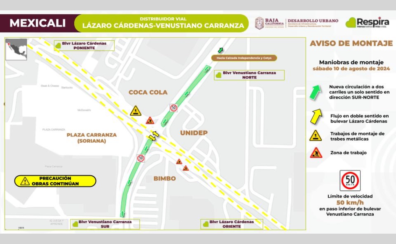 Anuncia SIDURT montaje de trabes de acero en distribuidor vial Lázaro Cárdenas y Venustiano Carranza en Mexicali