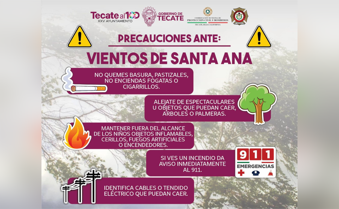 Alerta gobierno de Tecate por la presencia de vientos de Santa Ana