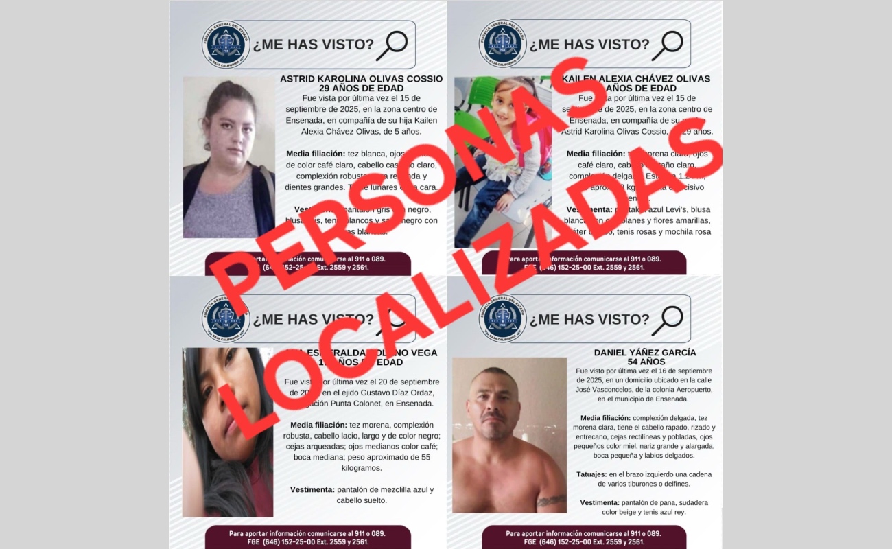 Localizan a cuatro personas reportadas como desaparecidas en Ensenada