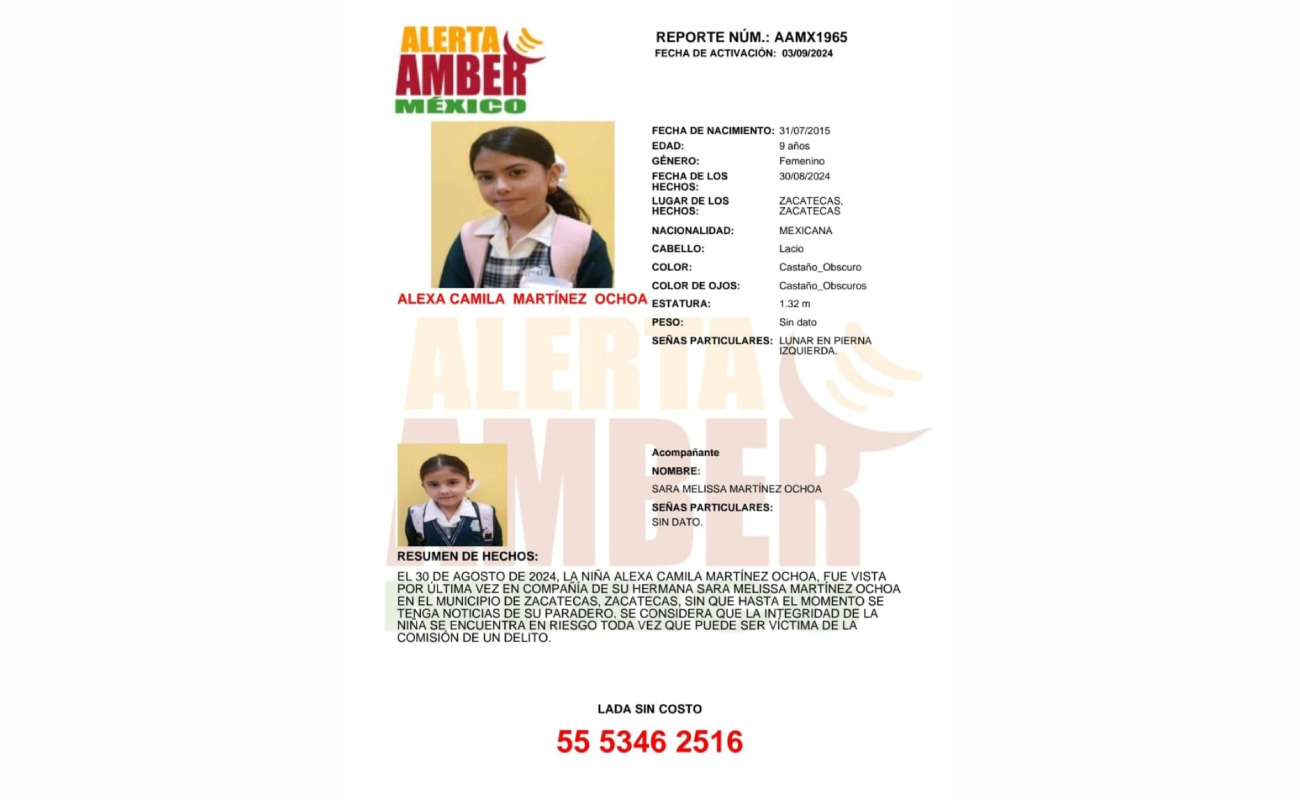 Emiten Alerta Amber para Alexa Camila, tiene 9 años