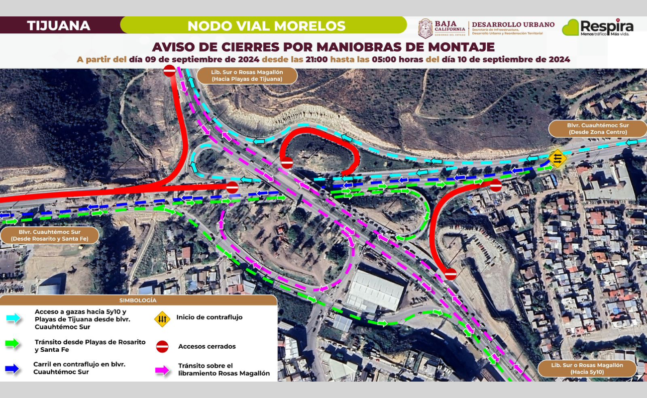 Anuncia SIDURT cierres por maniobras de montaje en obra del Nodo Morelos en Tijuana