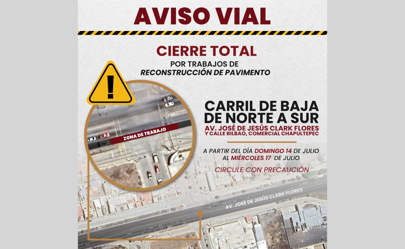 Habrá cierre vial en Clark Flores y Calle Bahía Asunción