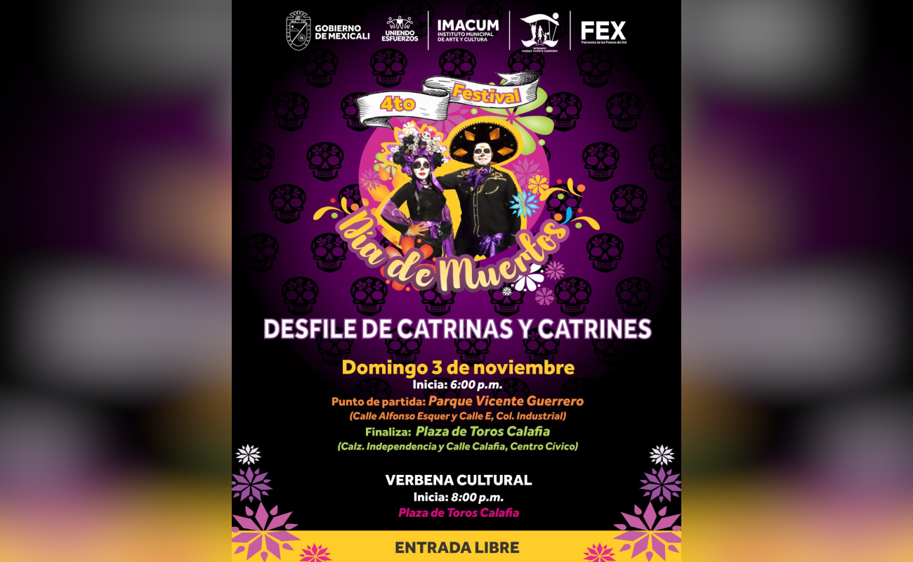 Invita Gobierno de Mexicali a participar en el Desfile de Catrinas y Catrines