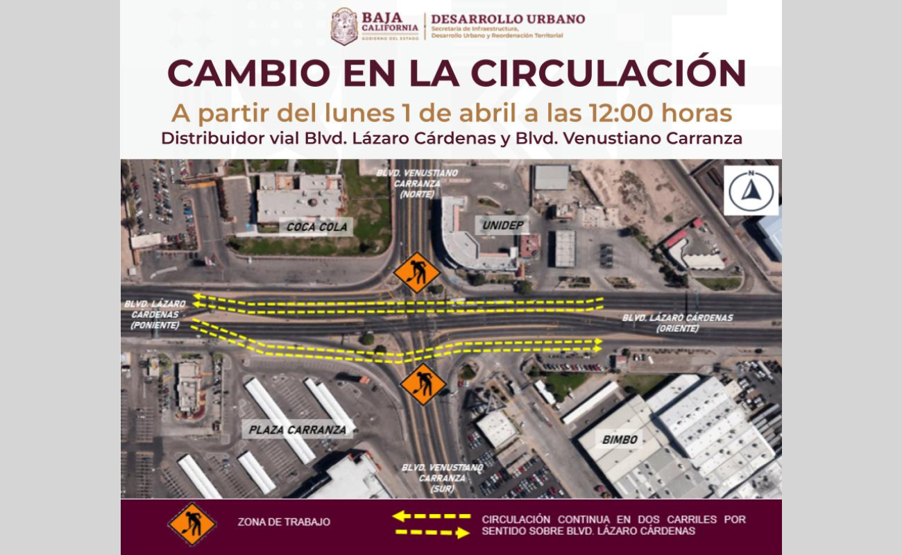Anuncia SIDURT cambio de circulación en distribuidor vial Lázaro Cárdenas y Venustiano Carranza