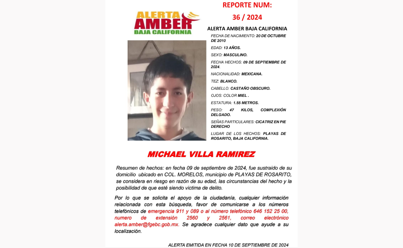 Activan Alerta Amber para localizar a Michael Villa, tiene 13 años de edad