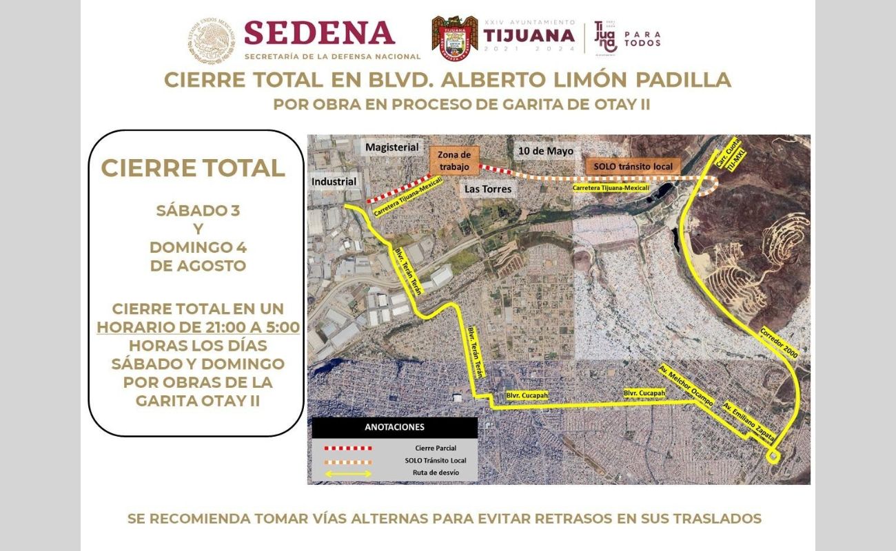 Habrá cierre total en Bulevar Alberto Limón Padilla por obra de SEDENA