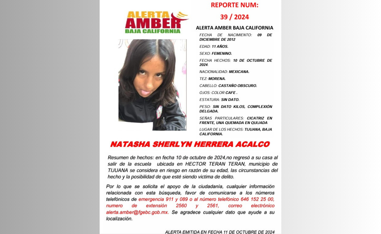 Alerta Amber para localizar a NATASHA SHERLYN HERRERA ACALCO de 11 años de edad.