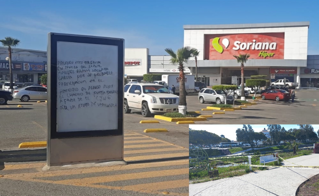 Pintan narcodenuncias en estacionamiento de mercado y parque en Ensenada
