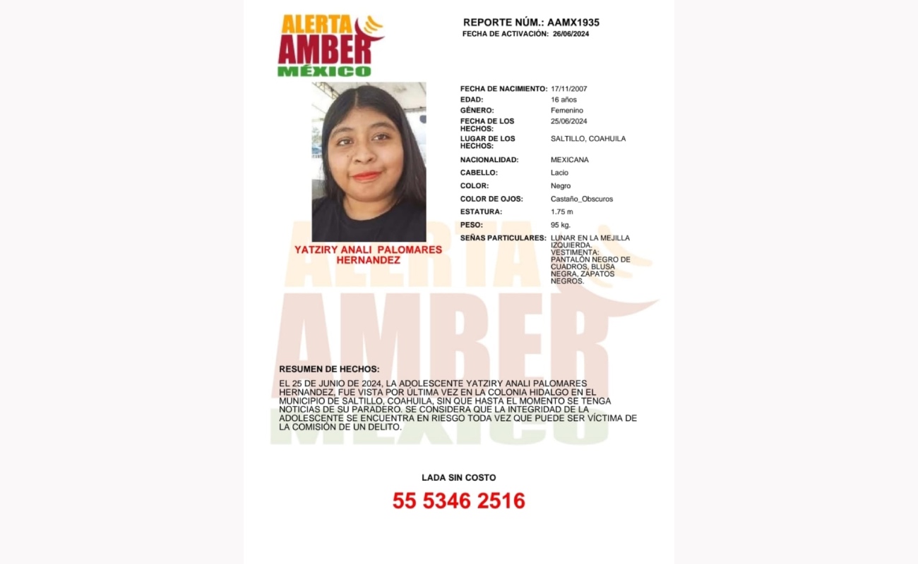 Activan Alerta Amber para Yatziri Analí, tiene 16 años