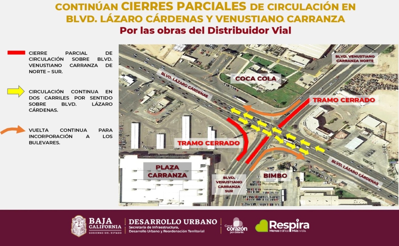 Continúan cierres parciales de circulación en bulevar Lázaro Cárdenas y Venustiano Carranza