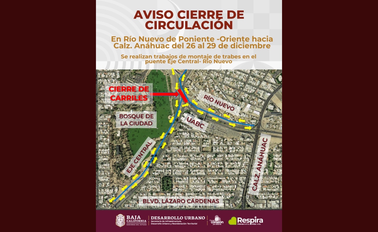 Informa SIDURT cierre de circulación en Río Nuevo este Martes 26 de Diciembre