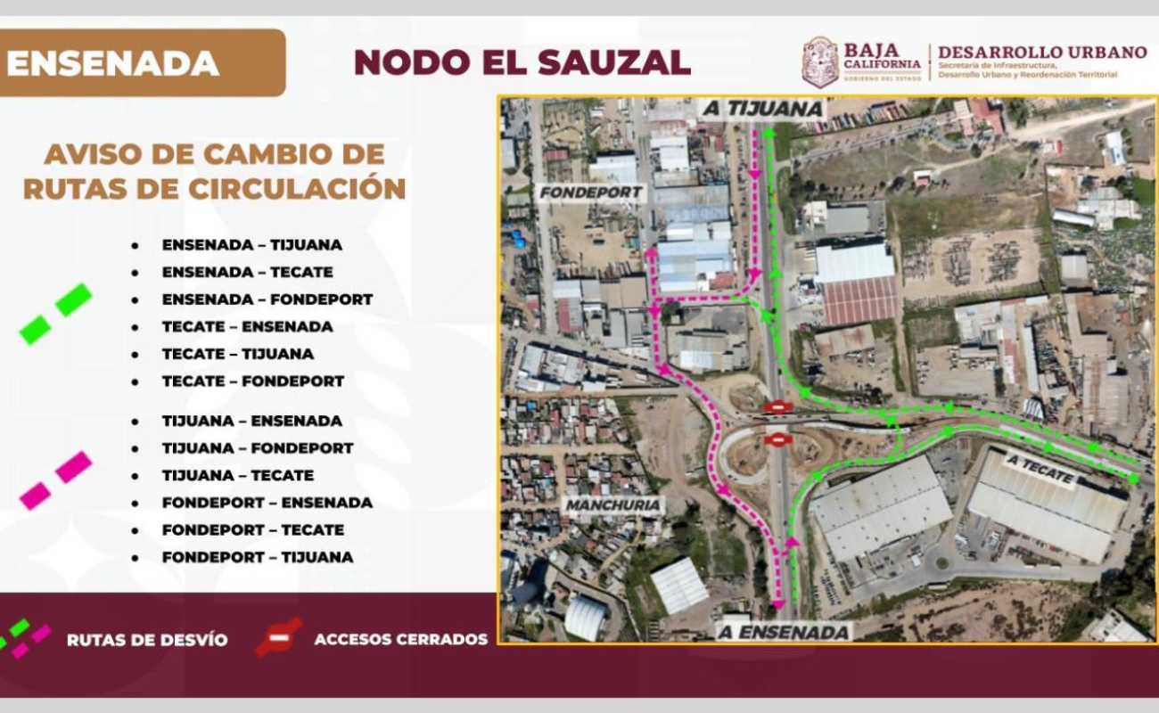 Anuncia SIDURT ajustes de circulación en rutas de desvío del nodo El Sauzal en Ensenada