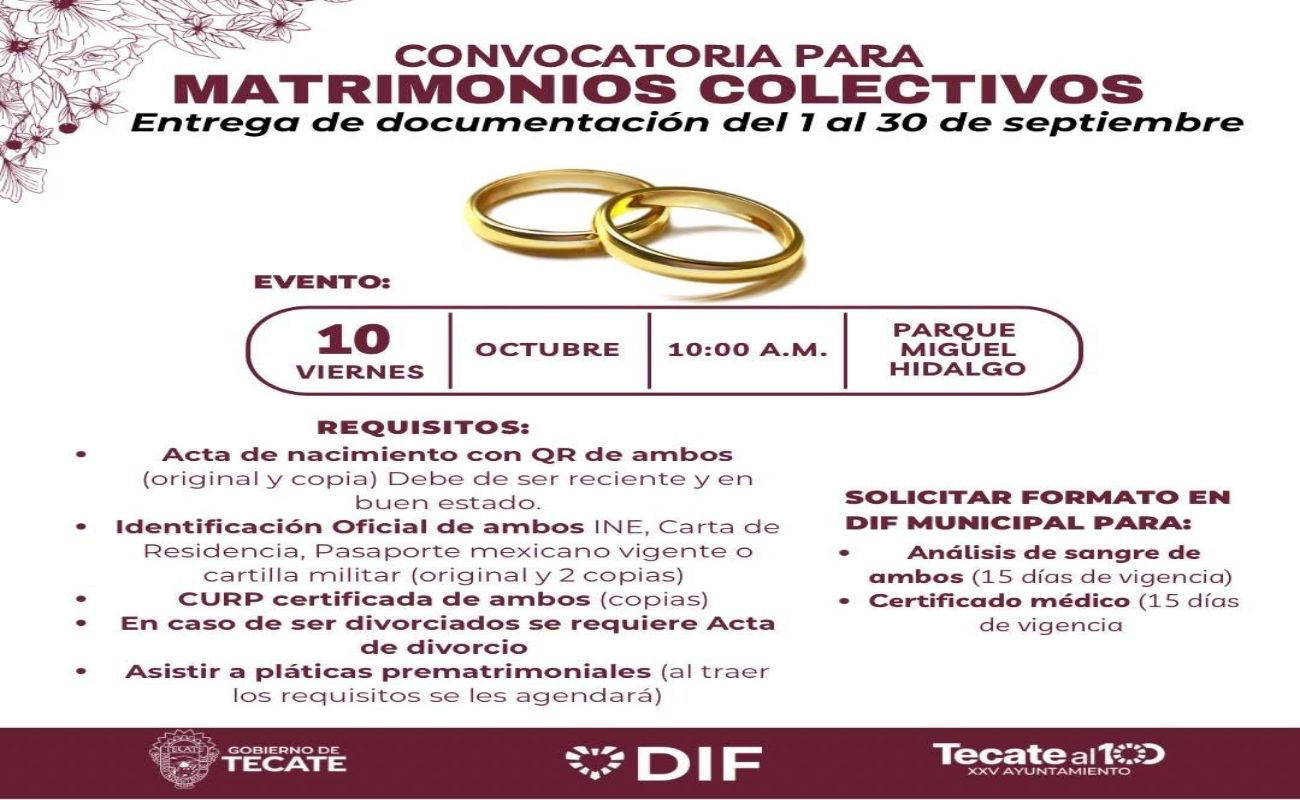 DIF Tecate invita a participar en los Matrimonios Colectivos 2025