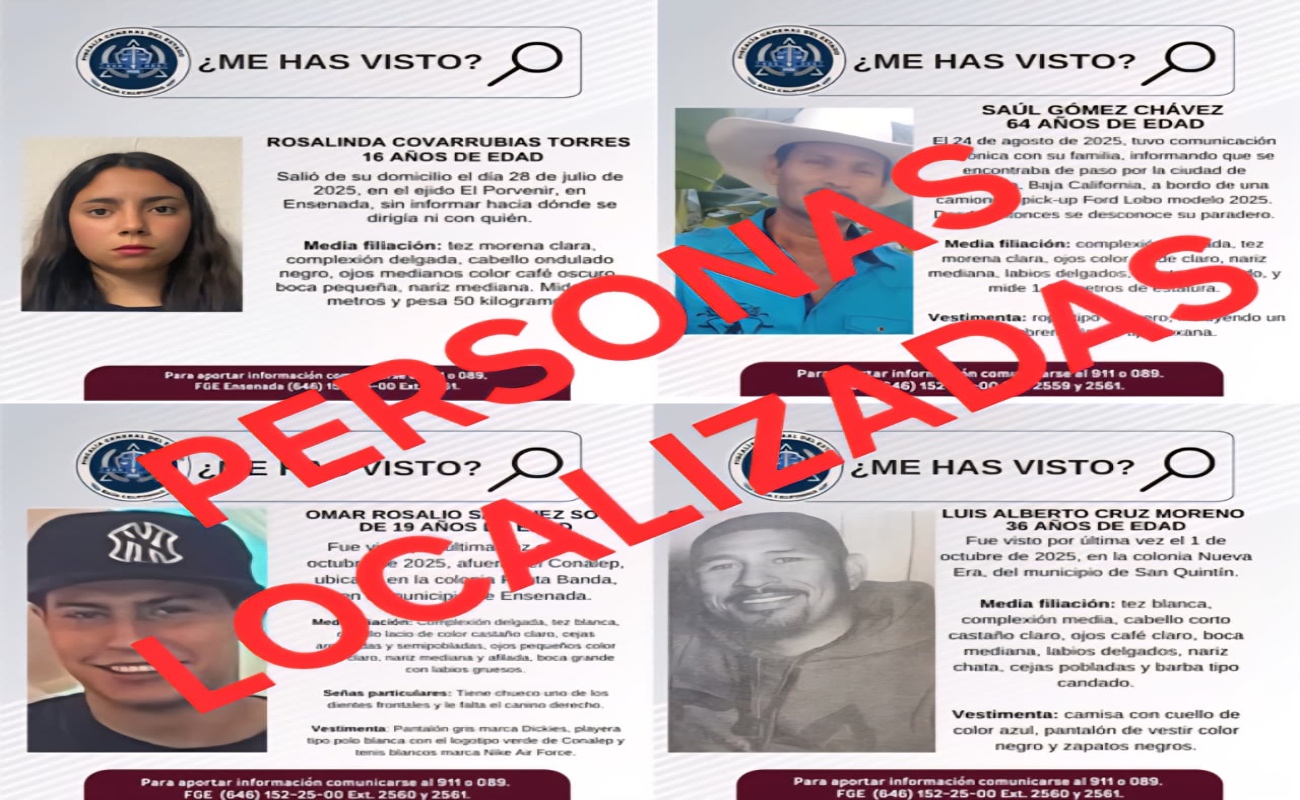 Localiza FGE a cuatro personas reportadas como desaparecidas en Ensenada