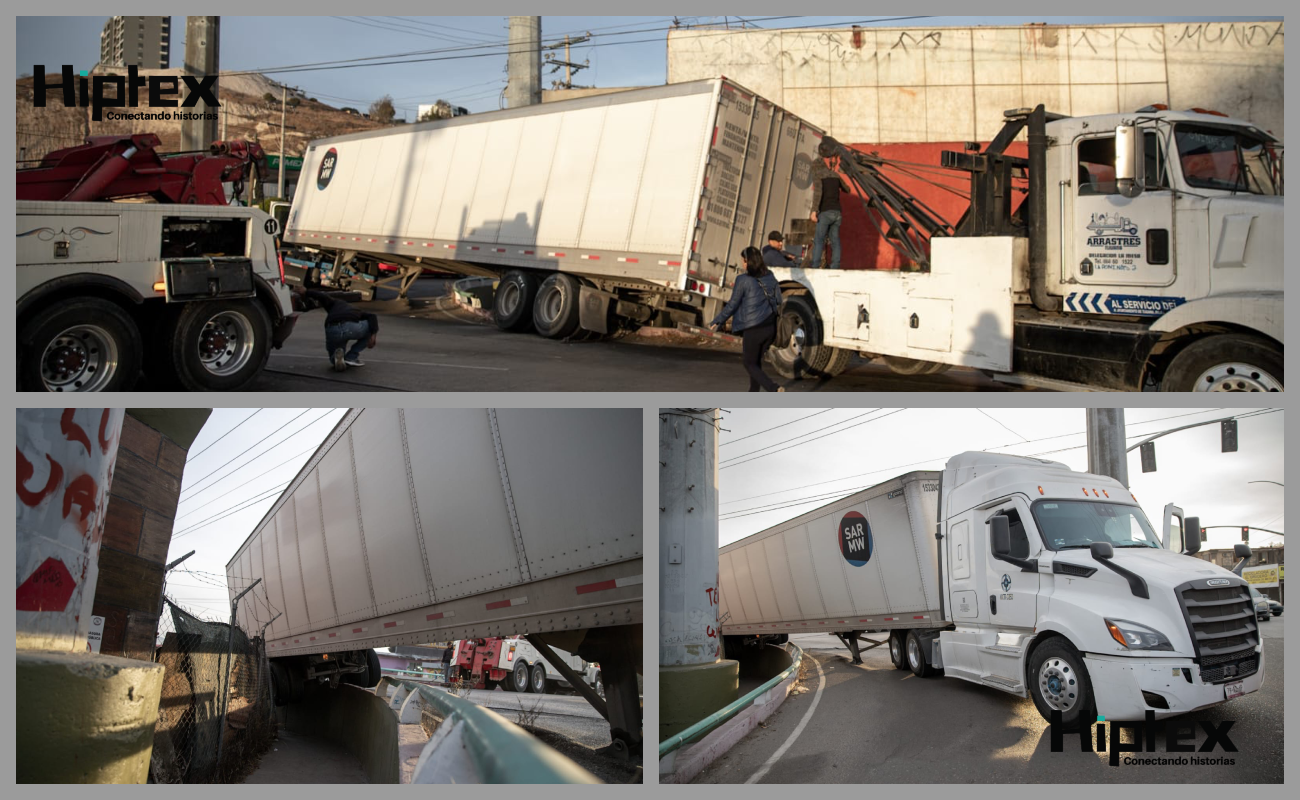 Tráiler termina embancado en la incorporación del Libramiento Sur a la calle Alba Roja