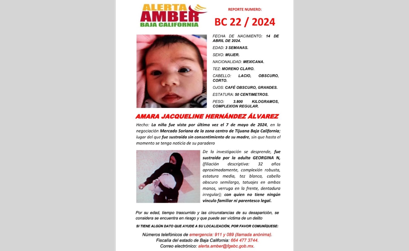 Emiten Alerta Amber Baja California para la pequeña Amara de tres semanas de nacida