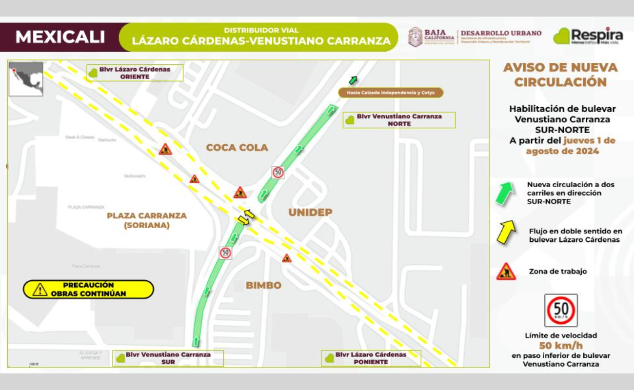 Habilita SIDURT este jueves el paso inferior en distribuidor Vial Lázaro Cárdenas y Venustiano Carranza en Mexicali