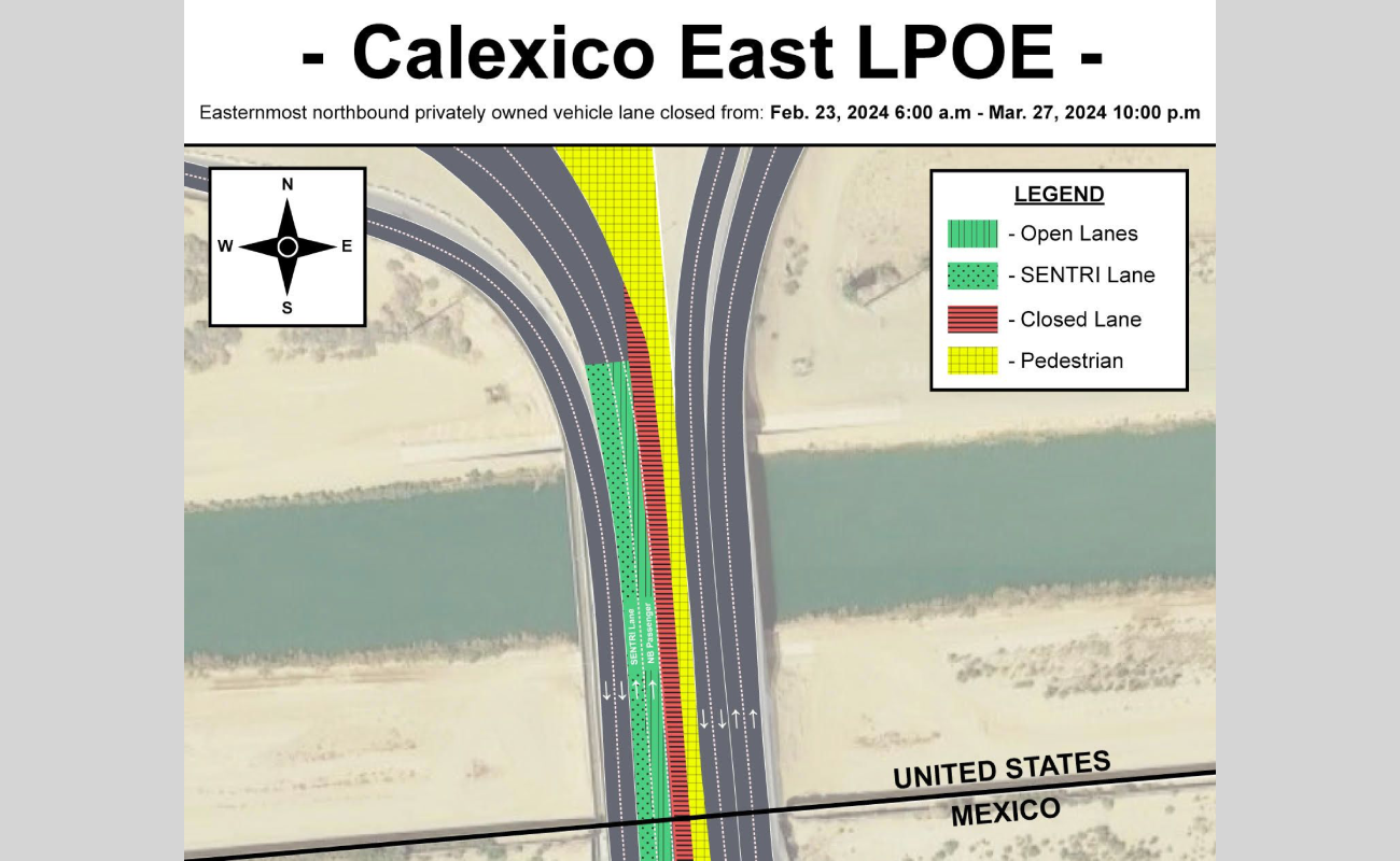 Anuncia CBP cierre temporal de carril vehicular en dirección Norte en la Garita de Calexico East