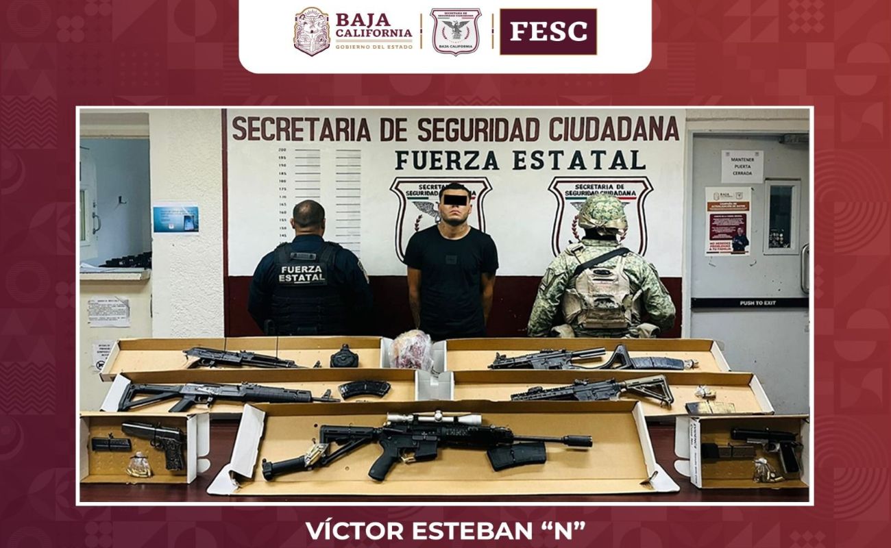 Aseguran FESC y SEDENA arsenal de armas de fuego y detienen a un hombre en Tecate