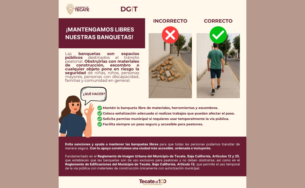 Gobierno de Tecate llama a mantener libres y seguras las banquetas