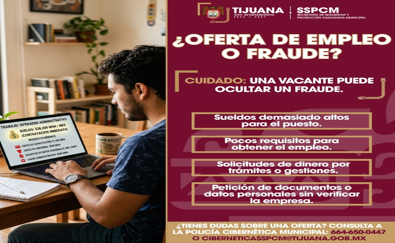 Advierte SSPCM sobre fraudes digitales mediante falsas ofertas de empleo