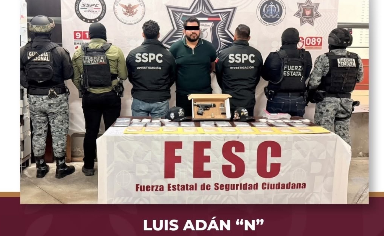 Luis Adán “El 500”, presunto operador logístico, fue detenido en Playas de Rosarito con arma y metanfetamina.