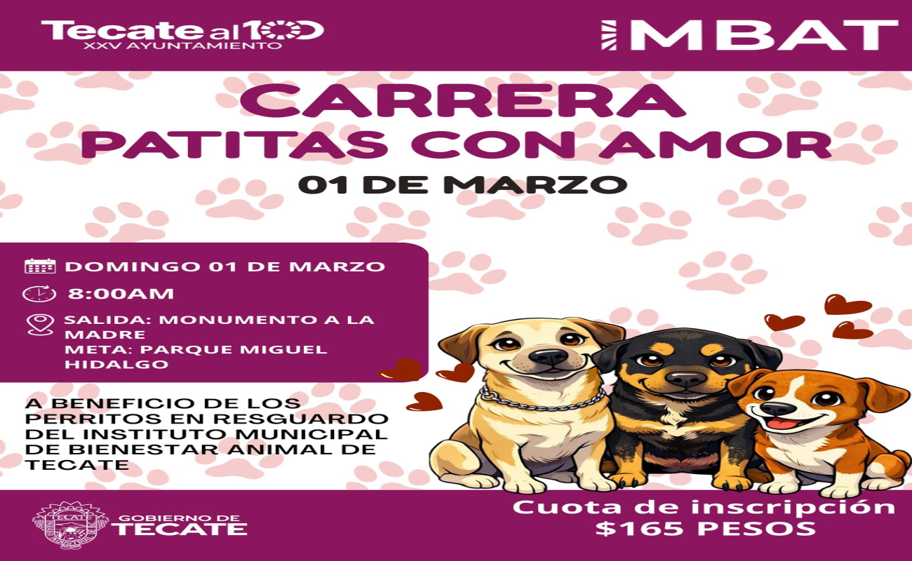 La carrera con causa “Patitas con Amor”, que se llevará a cabo el próximo domingo 01 de marzo.
