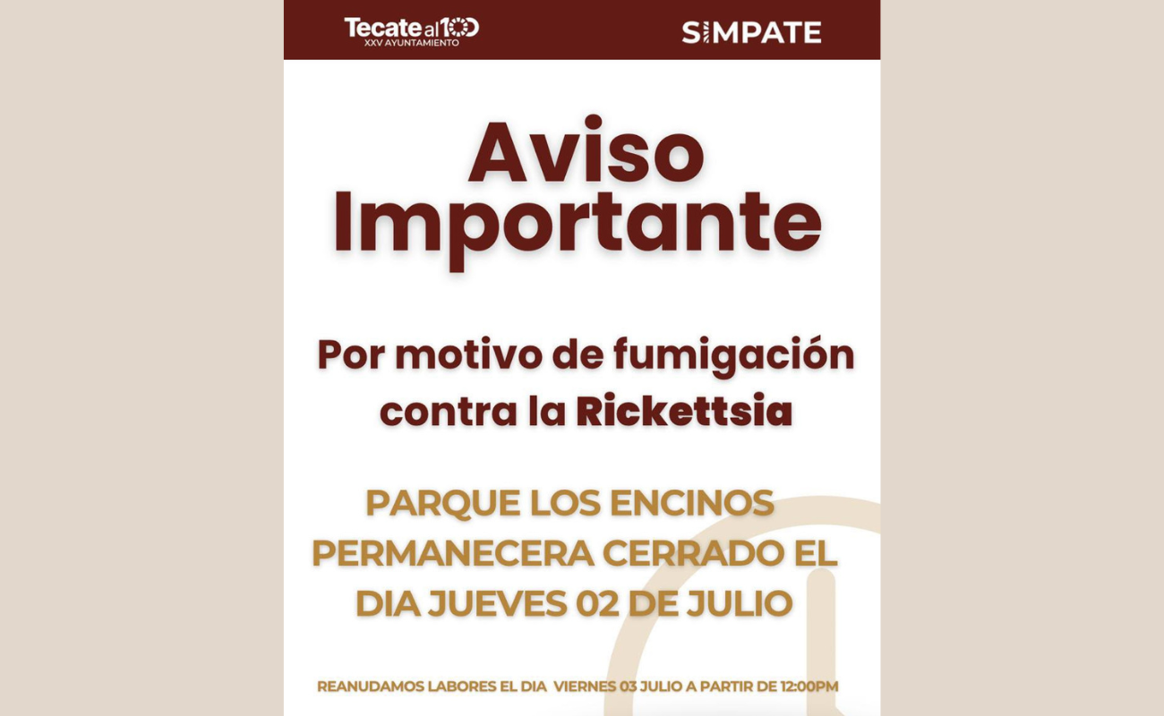 Gobierno de Tecate realizará fumigación preventiva en Parque Los Encinos para proteger la salud de las familias