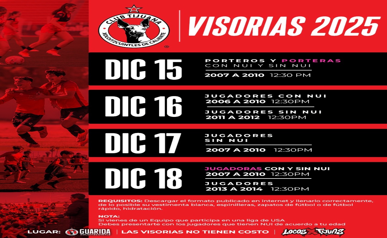 Realizará visorias Club Tijuana Xoloitzcuintles de Caliente-Diciembre 2025