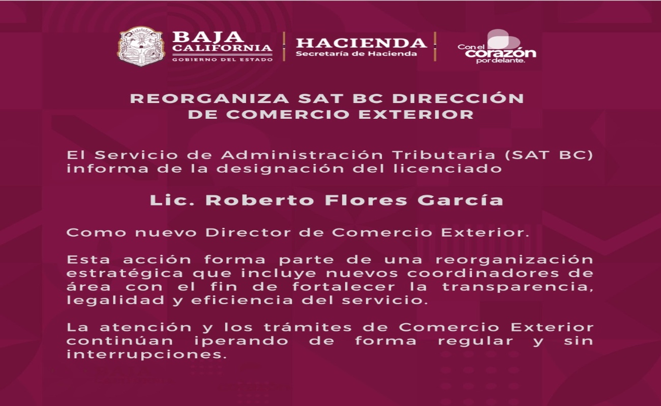 Reorganiza SAT BC dirección de comercio exterior