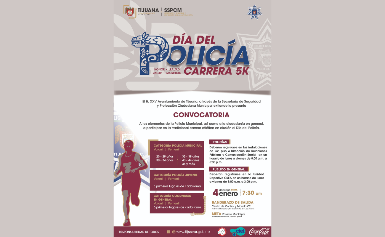 La SSPCM invita a la comunidad a participar en la carrera de 5 kilómetros “Día del Policía 2026” el 4 de enero.