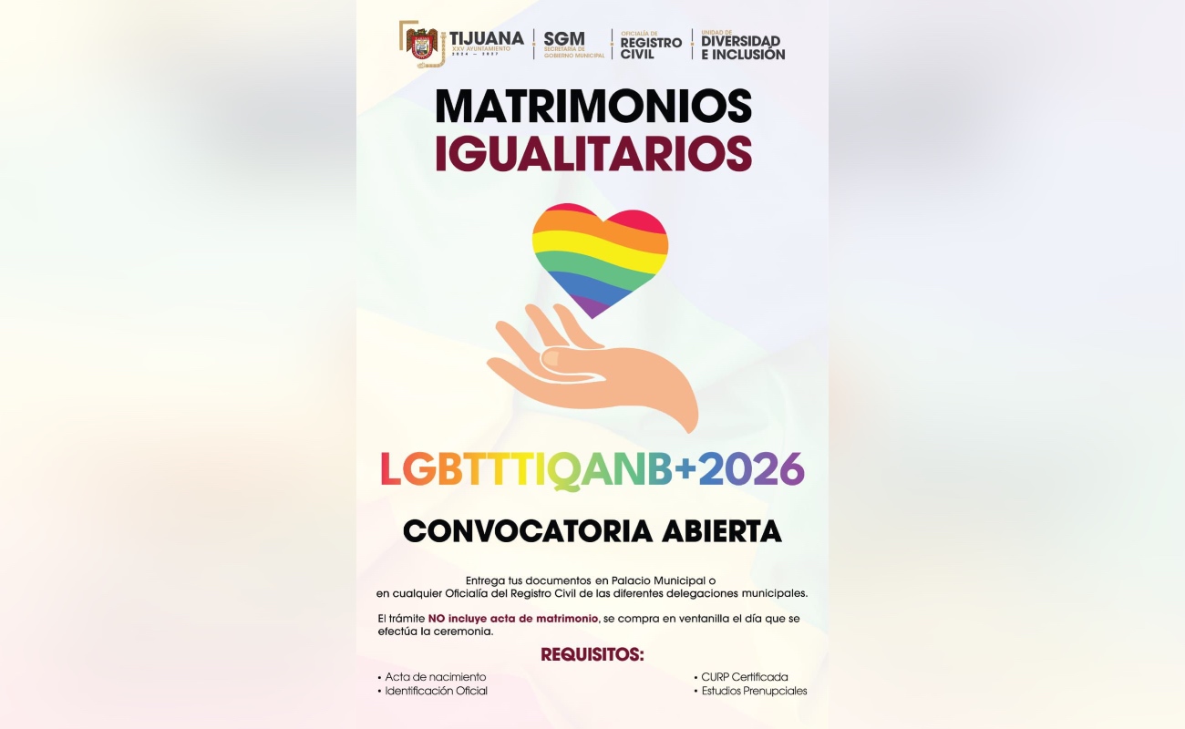 Mantiene Gobierno de Tijuana abierto el registro para la campaña de Matrimonios Colectivos LGBTTTIQANB+ 2026