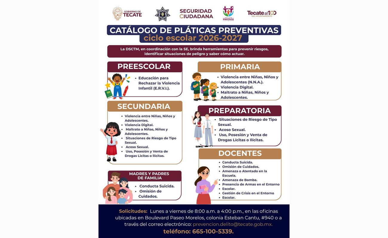 La DSCTM y la SE ofrecen pláticas preventivas en Tecate para el ciclo 2026-2027 sobre violencia, acoso, riesgos sexuales y drogas; incluyen temas para familias y docentes.