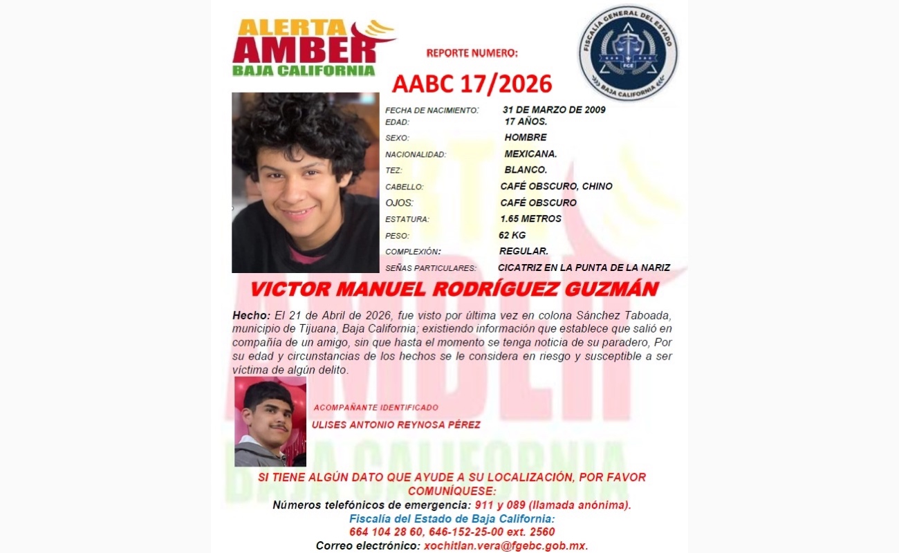 Víctor Manuel Rodríguez Guzmán de 17 años de edad, tiene tres días desaparecido.