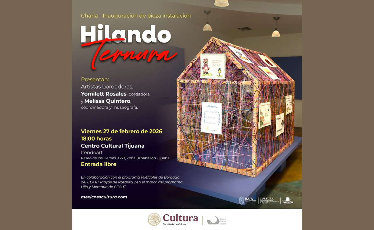 La instalación “Hilando ternura”, creada por participantes del programa Miércoles de Bordado del CEART Rosarito, se integra al proyecto Hilo y Memoria del CECUT.