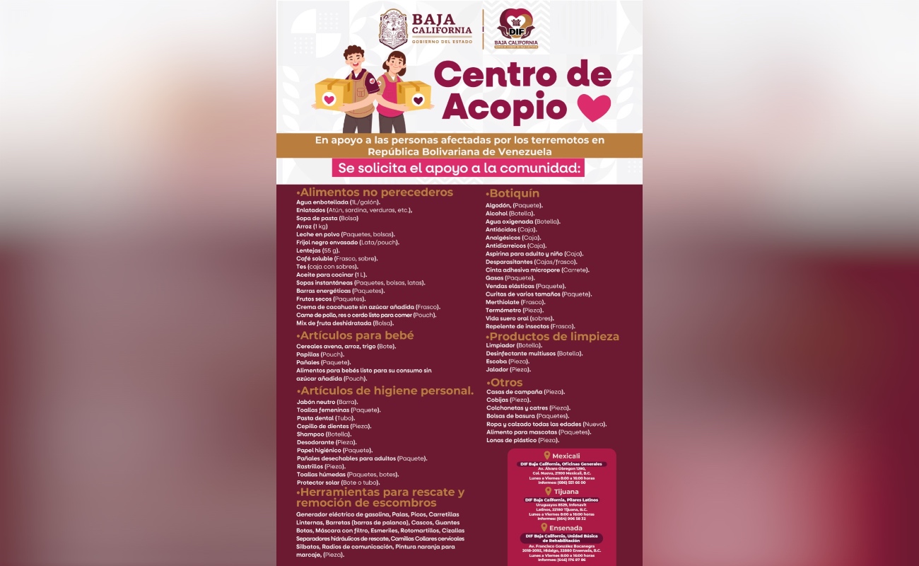 Se suma BC a la Campaña Nacional de Acopio Humanitario en favor de Venezuela