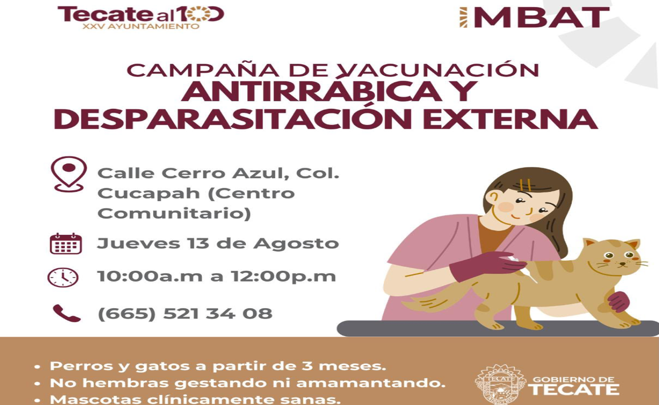 Realizarán campaña de vacunación antirrábica y desparasitación para perros y gatos en Tecate