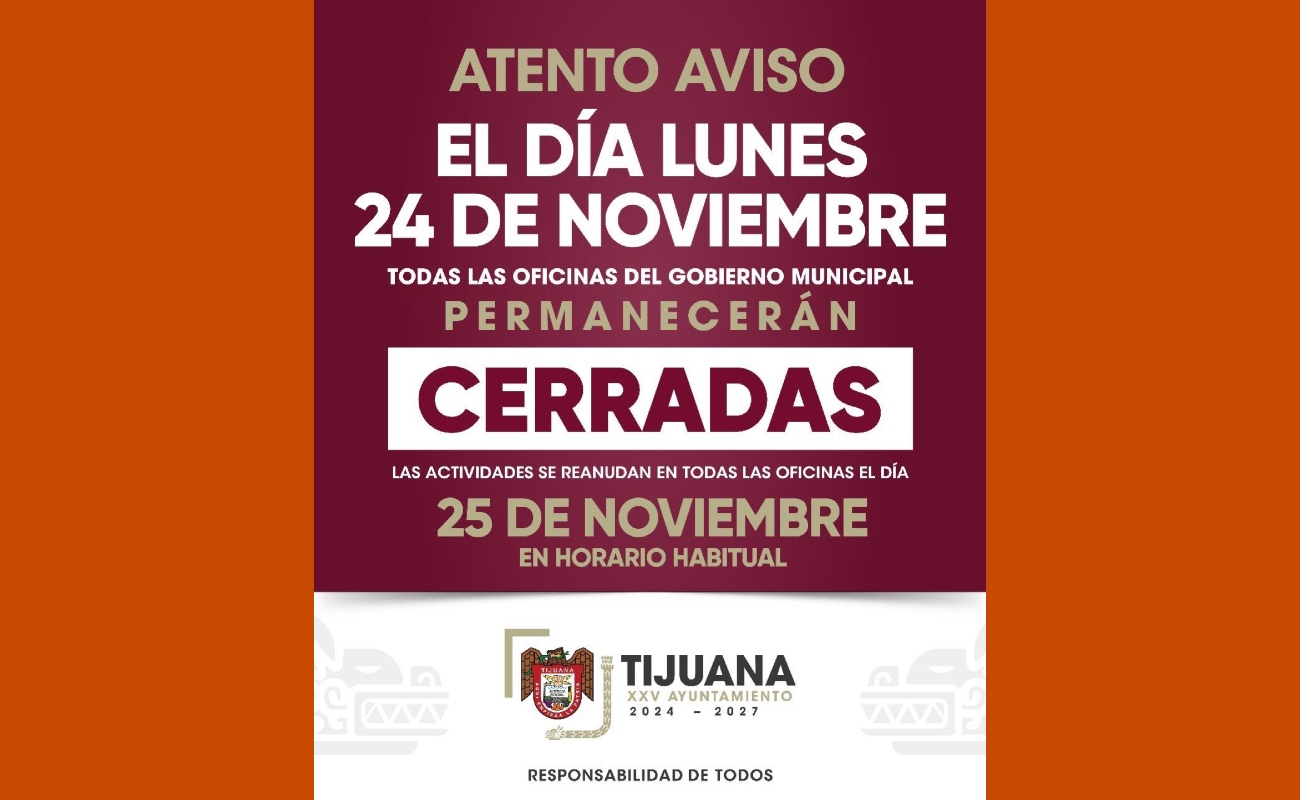 Será día inhábil el lunes 24 de noviembre en el Gobierno Municipal